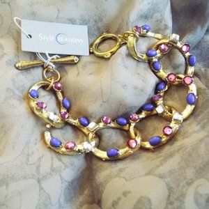 DESIGNER ETRUSCAN PINK BLUE CLEAR CRYSTALS TEXTURED GOLD LINK BRACELET *NWT* 32